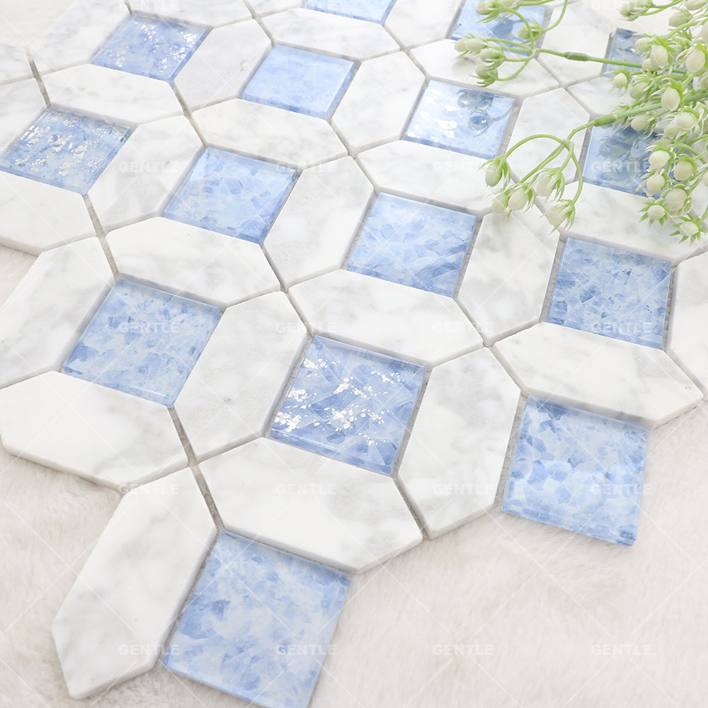 Gạch Ốp Tường Trang Trí Mosaic Bếp Đá Cẩm Thạch Trắng Và Xanh Mòng Két Đánh Bóng