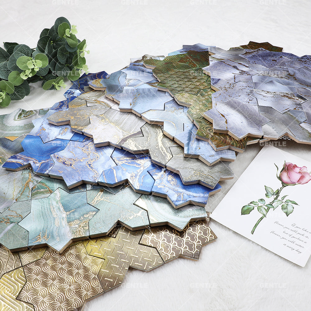 Gạch ốp tường Mosaic nhôm cao cấp đốm vàng, gạch kim loại trang trí tường phòng khách