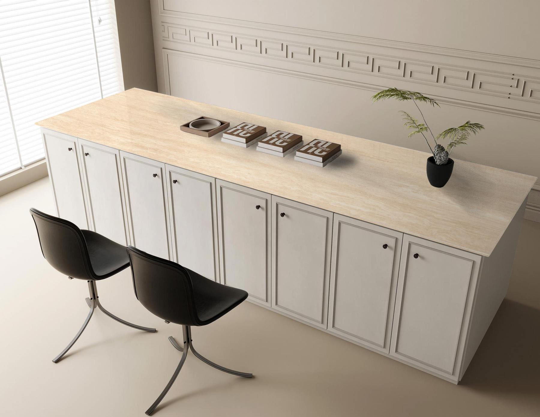 Tấm đá nung kết Travertine màu be vân tự nhiên cổ điển 1600x3200x12mm dùng cho mặt bàn văn phòng, bàn làm việc tại nhà