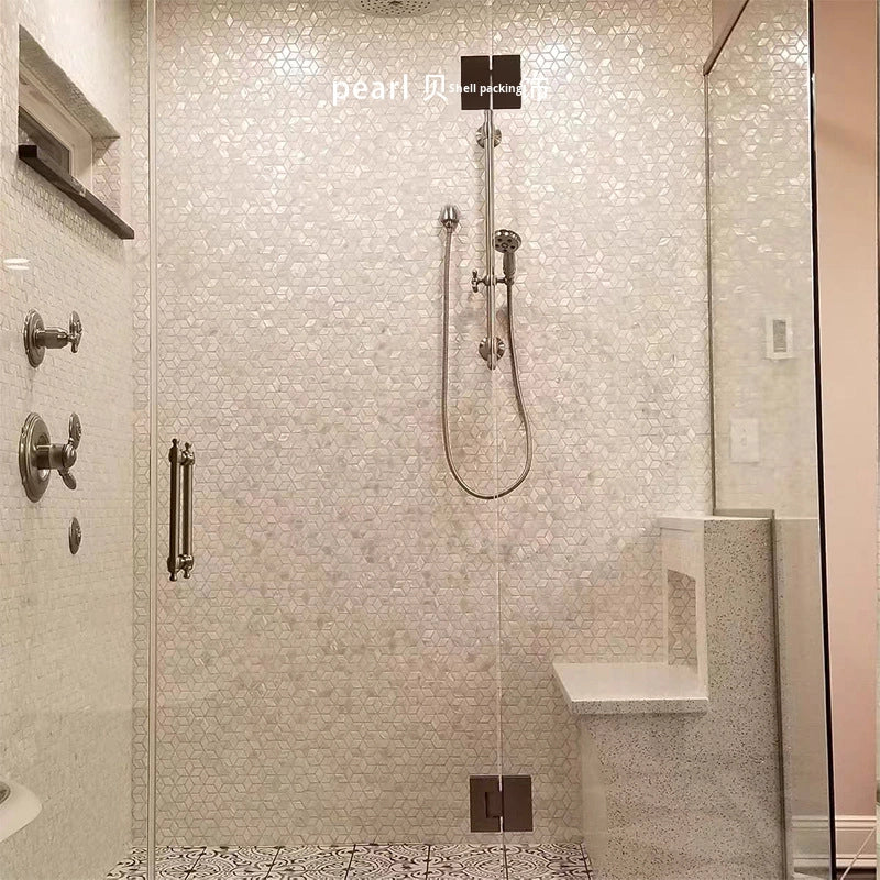 Gạch Mosaic Vỏ Sò Kiểu Parquet Châu Âu Bề Mặt Bóng Trắng Ngọc Trai Trang Trí Tường Nội Thất Hiện Đại Cho Tường Nền Phòng Khách Ban Công