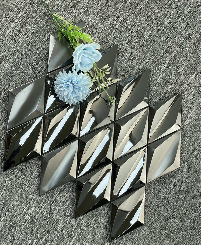 Trang trí tường nền nội thất KTV họa tiết vuông mosaic kim loại lõm kim cương đen hiện đại, tạo kiểu tường phong cách vân gỗ