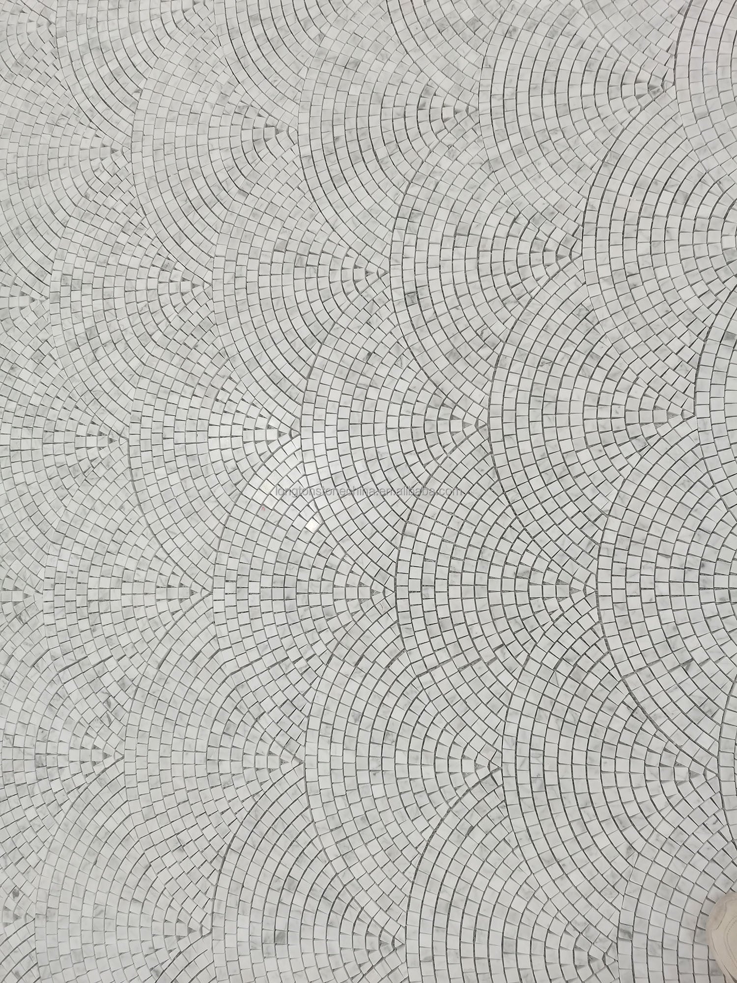 Mosaic Đá Cẩm Thạch Trắng Đen Hình Quạt Và Vuông Dạng Ghép Hình Khổ Lớn Tùy Chỉnh Cho Trang Trí Tường Khách Sạn, Biệt Thự