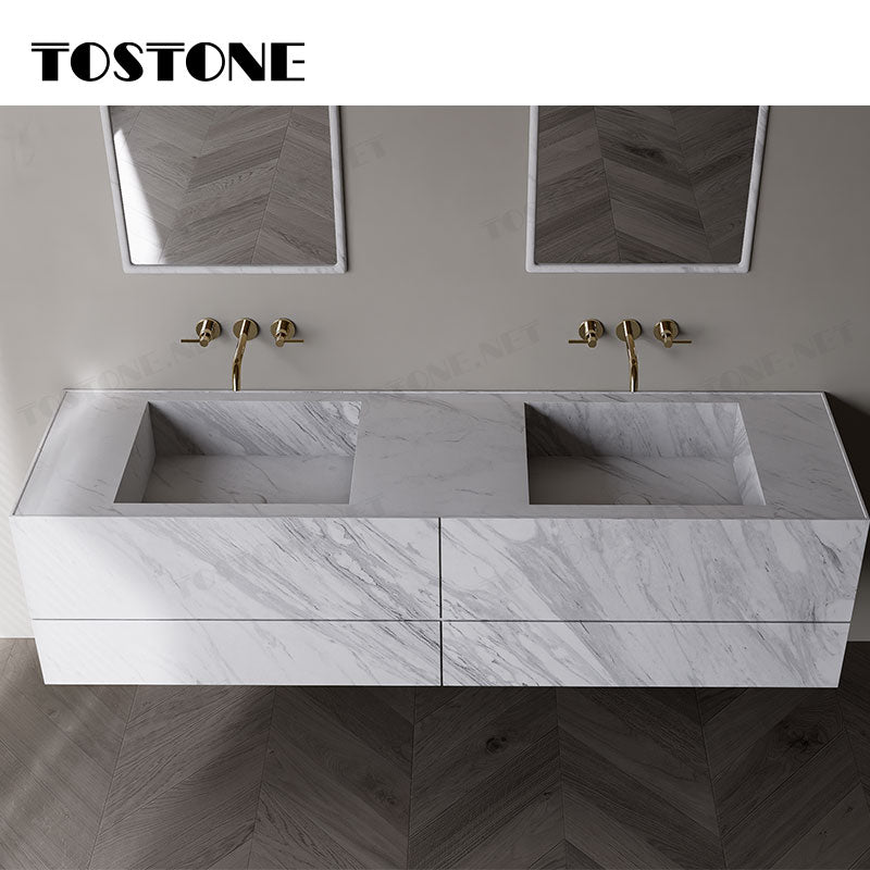 Tostone Bàn lavabo phòng tắm sang trọng, trắng Volakas tự nhiên mài mờ, cổ điển
