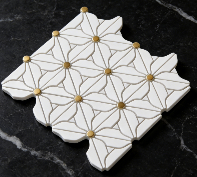 Gạch mosaic kim loại và đá cẩm thạch hình hoa 3D, họa tiết hiện đại, sang trọng, thân thiện môi trường