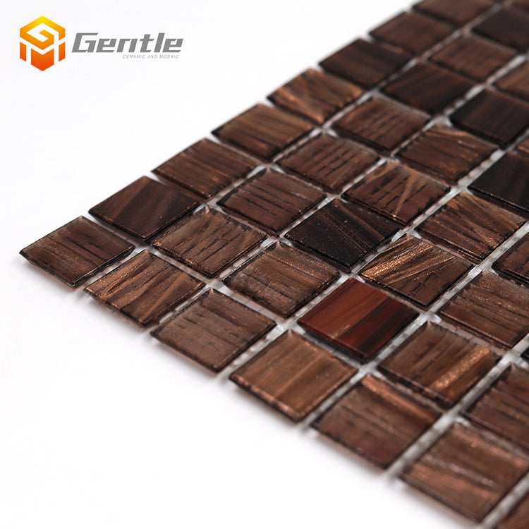 Gạch mosaic thủy tinh bóng màu nâu pha tối, viên vuông 20x20x4mm, tấm vuông 327x327mm, dán nóng chảy, dùng cho phòng tắm.