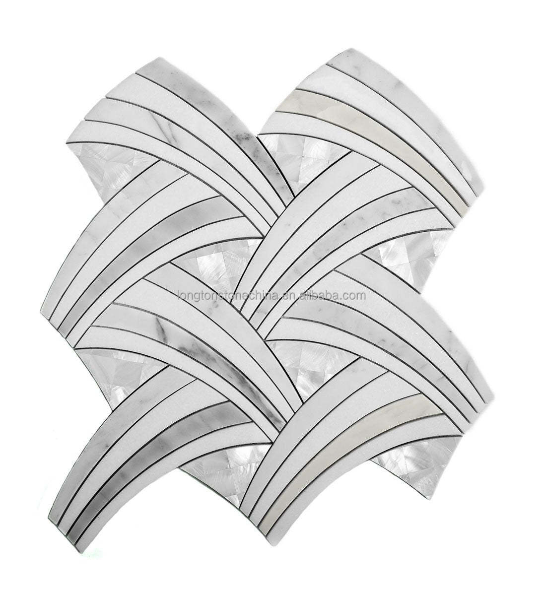 Gạch Mosaic Cắt Tia Nước Ốp Tường Bếp Hỗn Hợp Đá Calacatta Vàng, Đá Cẩm Thạch Trắng Thassos, Mosaic Xà Cừ và Mosaic Vỏ Sò Cánh Buồm