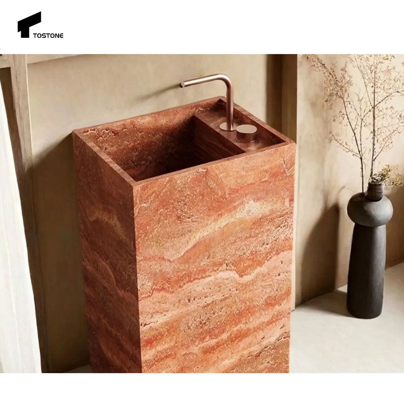 Chậu rửa chân đế đá Travertine đỏ tự nhiên Tostone Tối giản