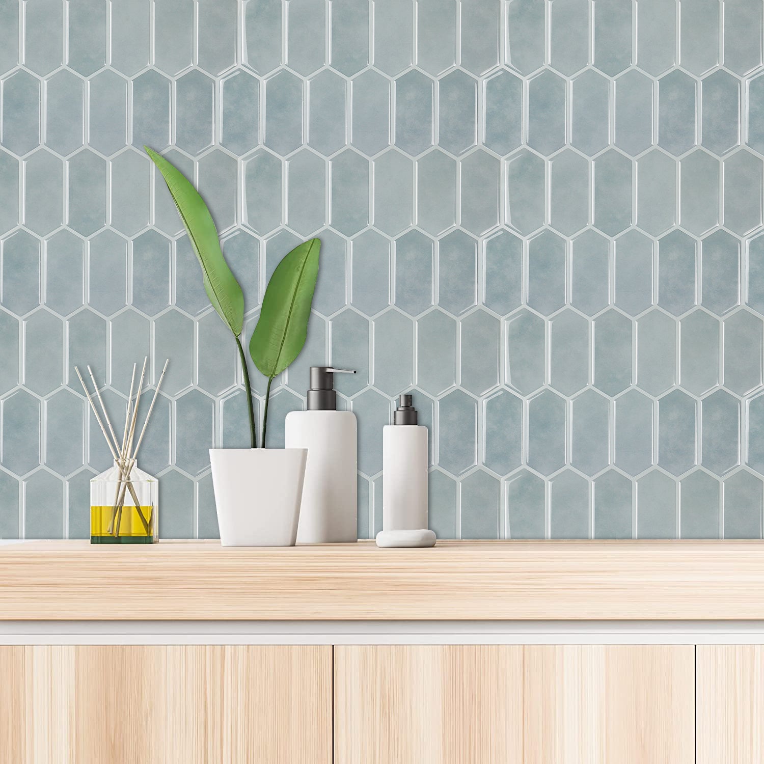 Gạch dán tường vinyl 3D lục giác màu xanh, bóc dán tự dính, cho nhà bếp, trang trí và cải tạo DIY dễ dàng.