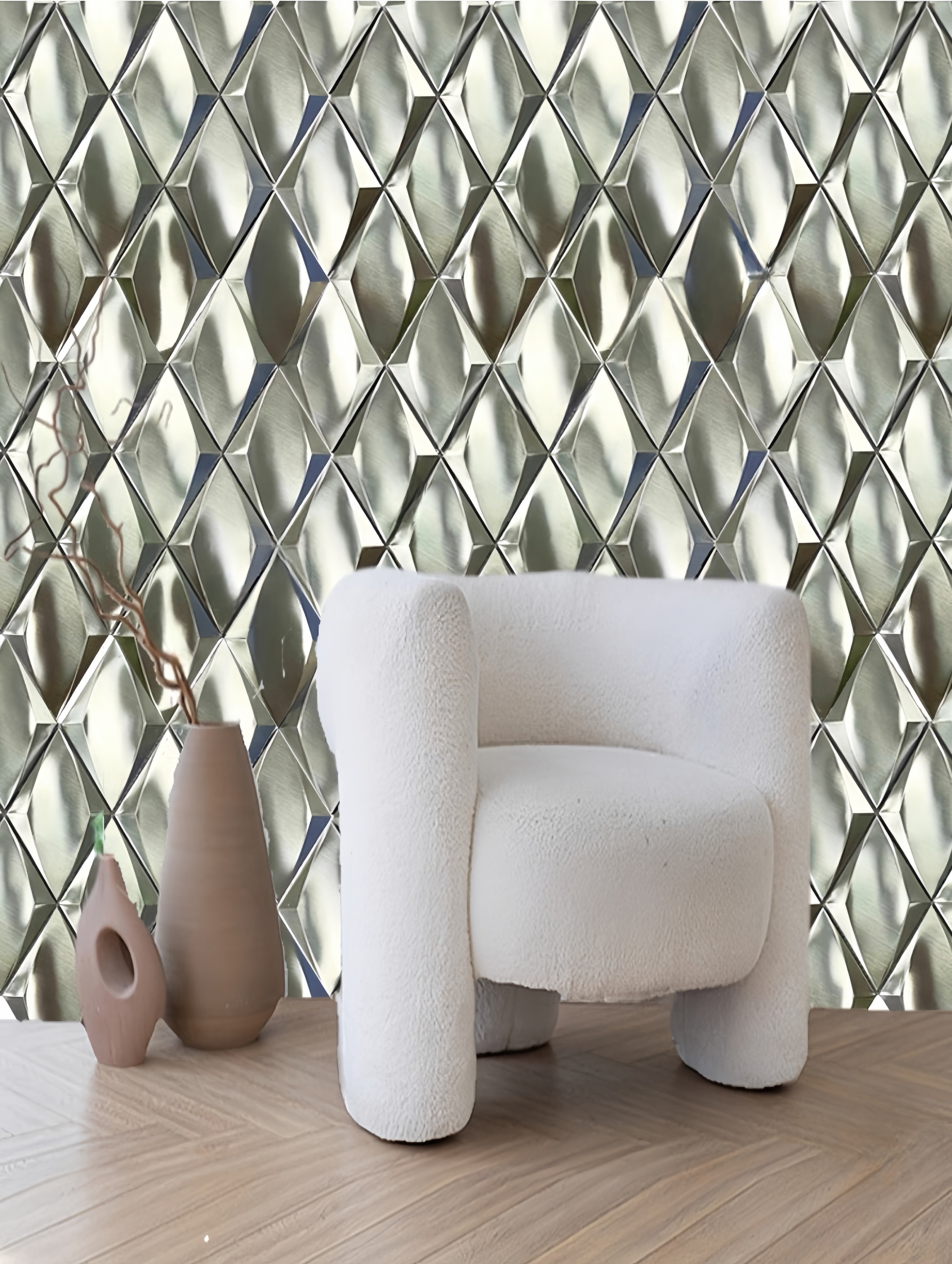 Gạch Mosaic Kim Loại Lõm Hình Vuông Hiện Đại Màu Bạc Hiệu Ứng Kim Cương Trang Trí Tường Nội Thất Với Tấm Lưng Kim Loại