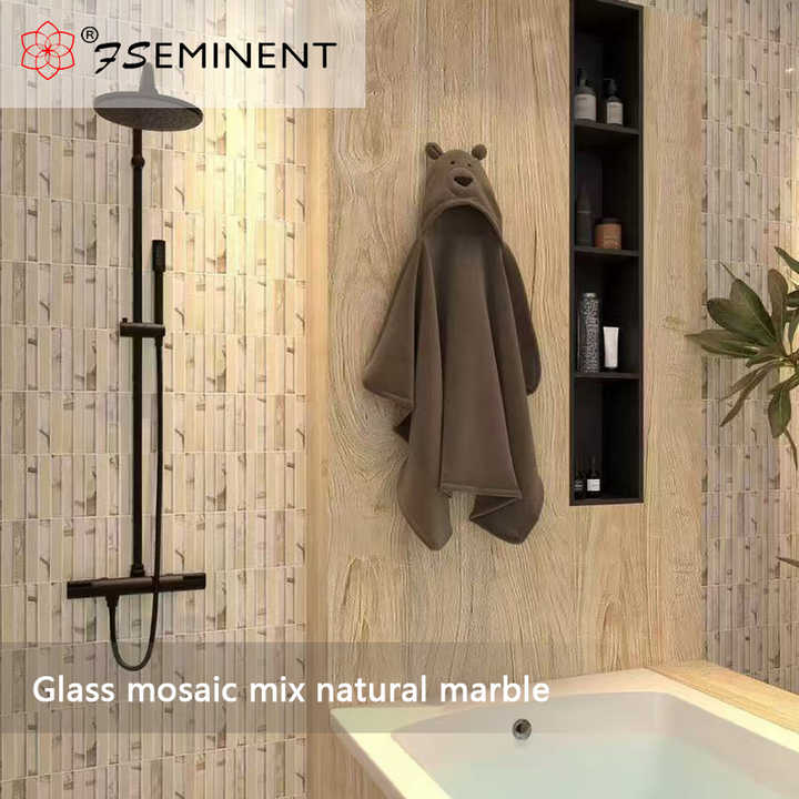 Gạch mosaic thủy tinh hỗn hợp đá cẩm thạch tự nhiên kiểu sàn gỗ cho trang trí tường phòng tắm nhà bếp Thiết kế đồ họa