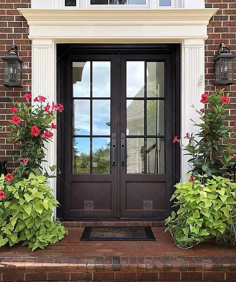 Cửa Chính Hiện Đại Chống Trộm Phong Cách Pháp, Kính Cường Lực Hai Lớp, Hợp Kim Nhôm & Gỗ Màu Đen Dành Cho Biệt Thự