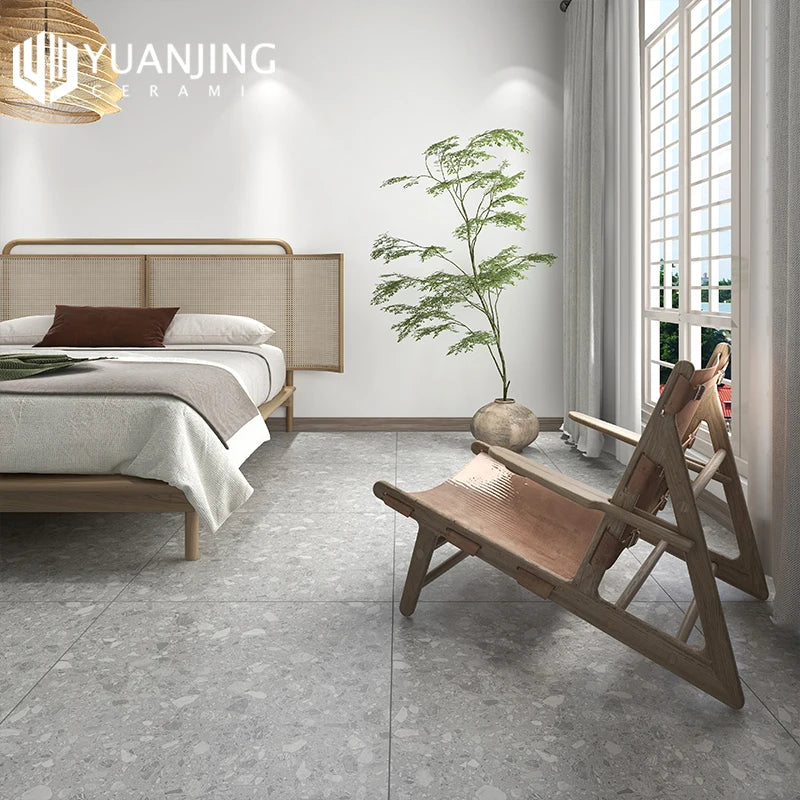 Gạch lát sàn chống trượt sứ vân Terrazzo Xám mờ 800x800mm cho Phòng tắm, Phòng khách, Ban công, Sân vườn