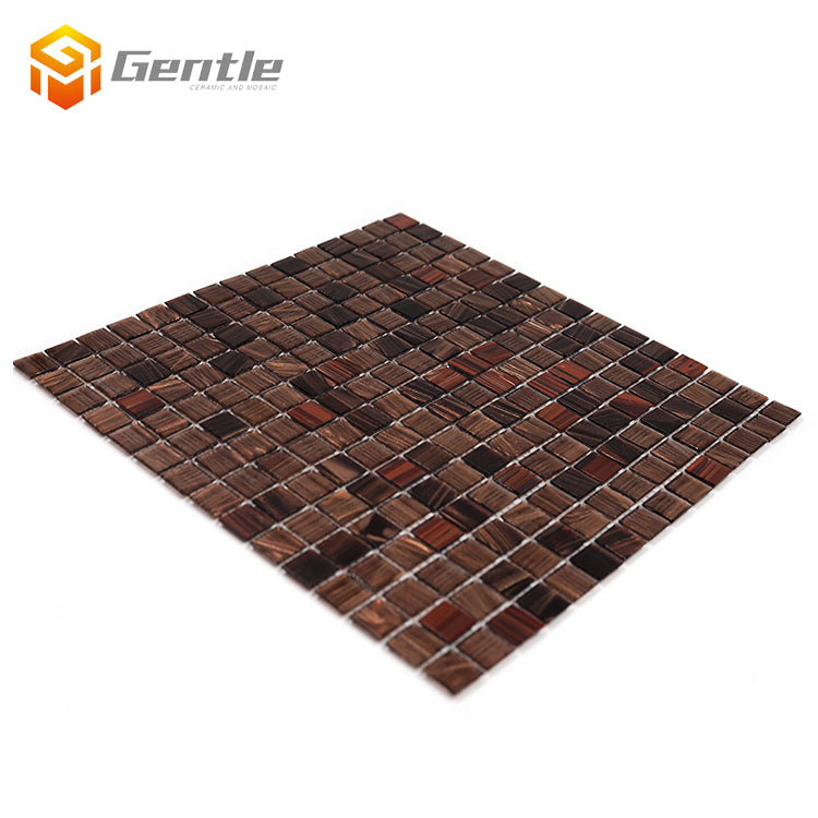 Gạch mosaic thủy tinh bóng màu nâu pha tối, viên vuông 20x20x4mm, tấm vuông 327x327mm, dán nóng chảy, dùng cho phòng tắm.