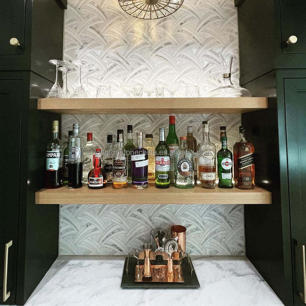 Gạch Mosaic Cắt Tia Nước Ốp Tường Bếp Hỗn Hợp Đá Calacatta Vàng, Đá Cẩm Thạch Trắng Thassos, Mosaic Xà Cừ và Mosaic Vỏ Sò Cánh Buồm