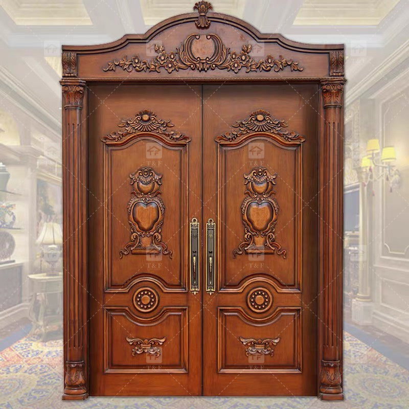 Cửa chính đôi gỗ hiện đại chạm khắc gỗ nguyên khối, chống thấm nước, dùng cho ngoại thất đã hoàn thiện.