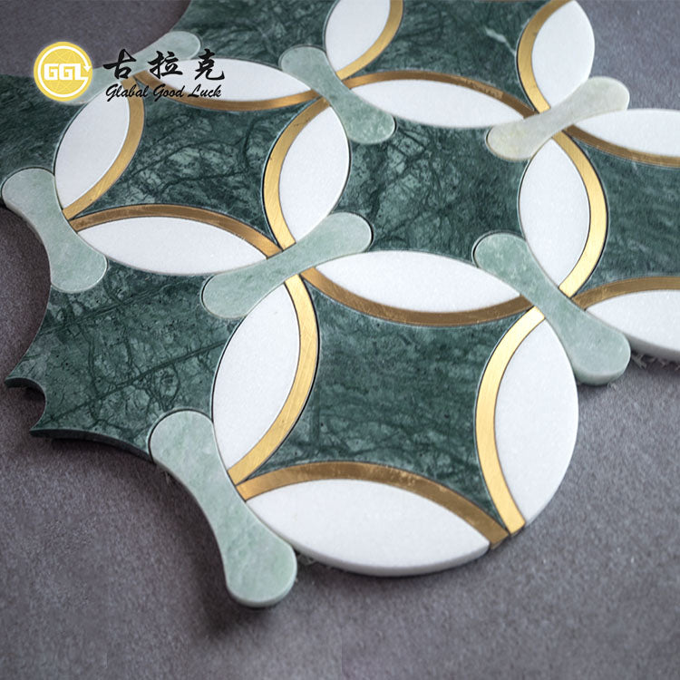 Gạch Mosaic Cắt Tia Nước Đá Cẩm Thạch Thassos Trắng Và Verde Affai Kết Hợp Đồng Thau Dùng Cho Trang Trí Nội Thất