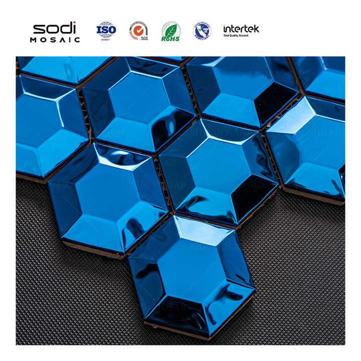 Gạch ốp tường bếp hình lục giác vàng 3D bề mặt gương màu xanh thép không gỉ kim loại khảm