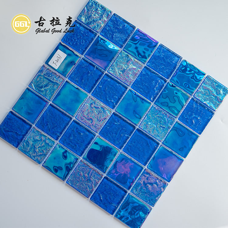 Gạch Mosaic Thủy Tinh Óng Ánh Xanh Dương Bóng Thiết Kế Vuông Dùng Cho Quầy Cà Phê, Tường, Trưng Bày Cửa Hàng Boutique Và Nội Thất