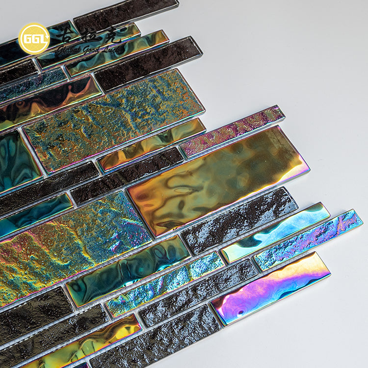 Gạch Mosaic Kính Đen Óng Ánh Cao Cấp, Dạng Dải, Bề Mặt Bóng, Dày 6mm, Dùng Cho Tường Điểm Quầy Bar & Trang Trí Câu Lạc Bộ