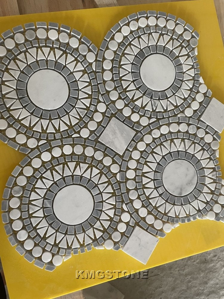 Soulscrafts Gạch Mosaic Đá Cẩm Thạch Carrara Hình Tròn Đồng Xu Màu Trắng Hiện Đại và Tấm Đá Dolomite Đánh Bóng