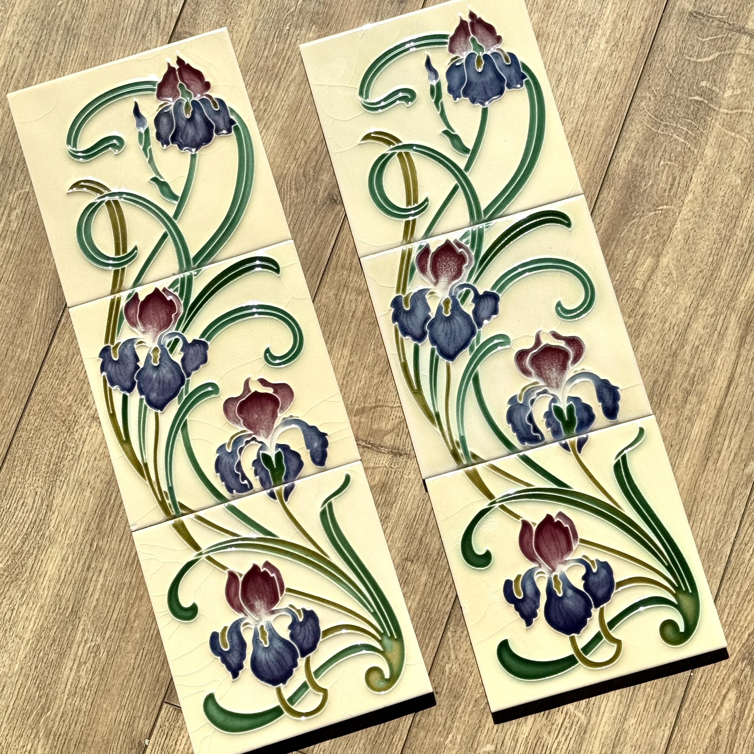 Gạch ốp tường gốm tráng men 3D khắc lại kiểu cổ điển tùy chỉnh, họa tiết gradient hoa diên vĩ tím phong cách hiện đại, dành cho gạch chịu lửa vuông.