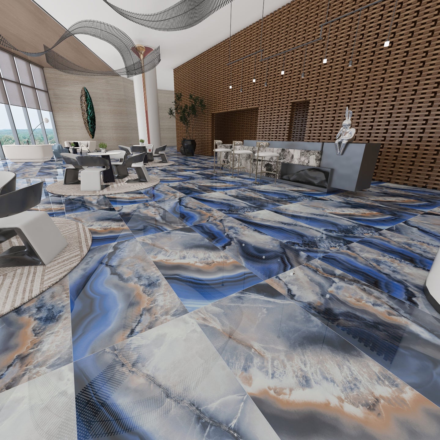 Gạch sứ tráng gương xanh họa tiết hiện đại 600x1200, tường nền TV và sàn lát giả đá cẩm thạch sang trọng, cho nội thất vàng bóng cho phòng.