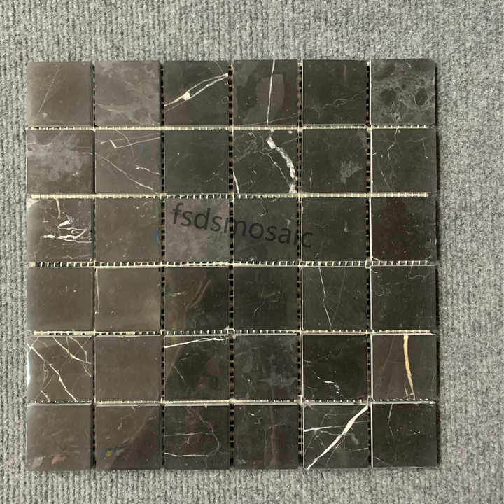 Gạch khảm vuông Nero Marquina Black Marble Maze hiện đại, đá tự nhiên mài bóng, dùng cho tường nội thất, sàn gỗ đánh bóng