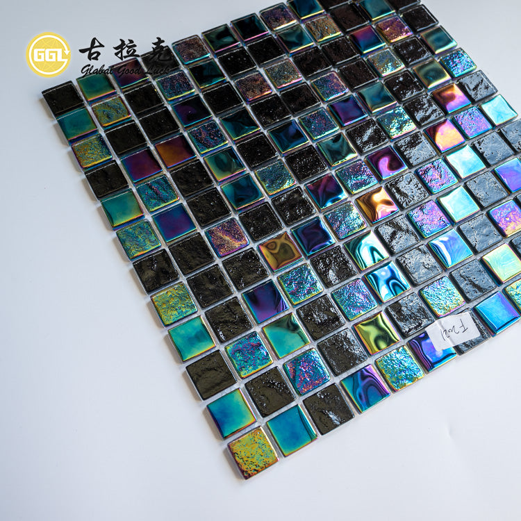 Gạch Mosaic Thủy Tinh Đen & Đa Sắc Rực Rỡ Hoa Văn Vuông Bóng