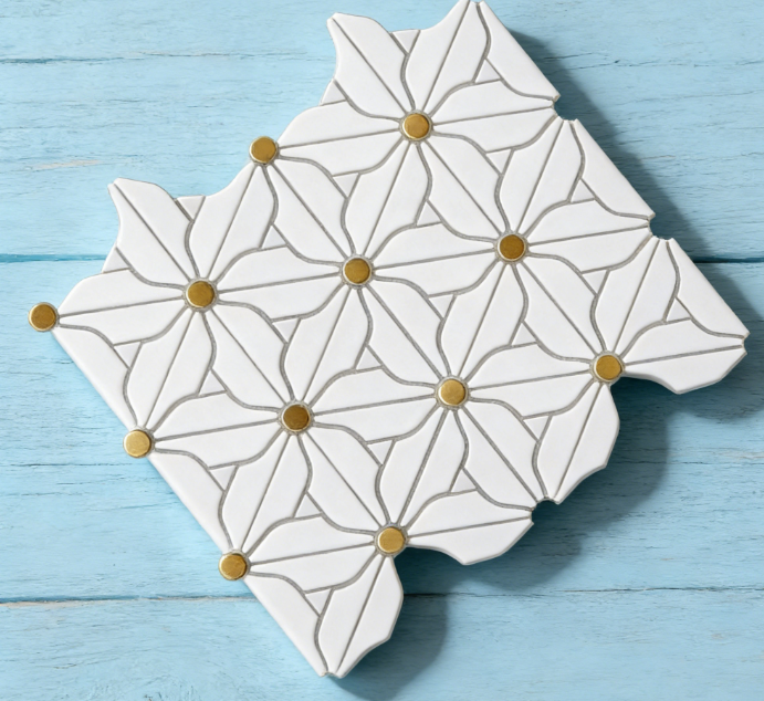 Gạch mosaic kim loại và đá cẩm thạch hình hoa 3D, họa tiết hiện đại, sang trọng, thân thiện môi trường