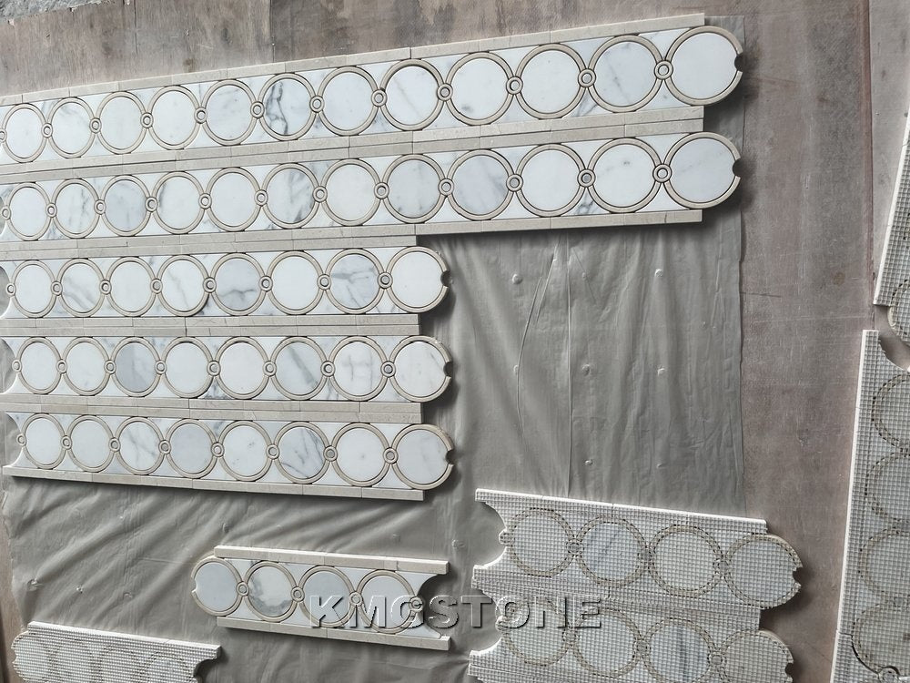 Gạch Mosaic Đá Cẩm Thạch Trắng Pha Lê Khắc Nước Với Khảm Đồng, Trang Trí Đá Thanh Lịch