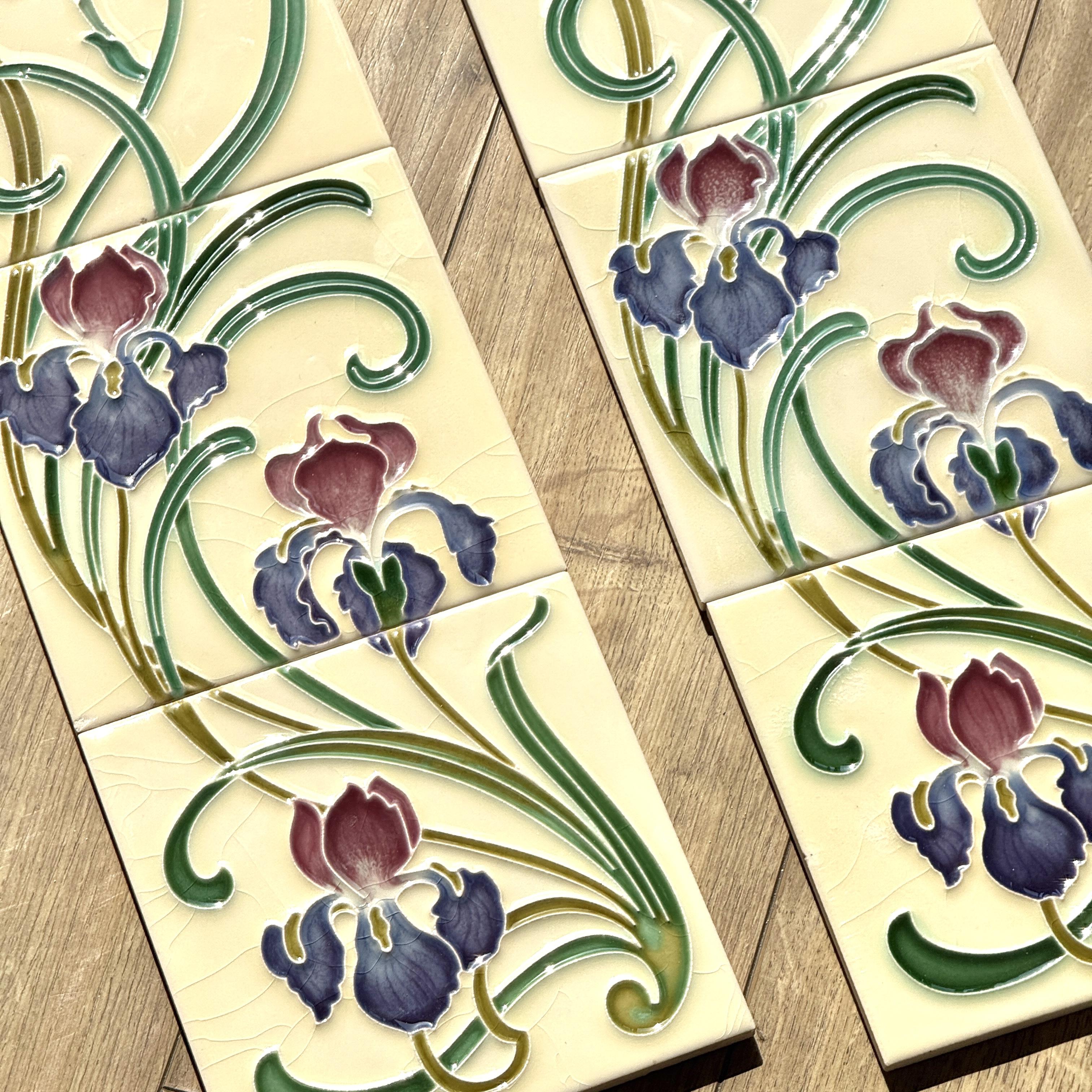 Gạch ốp tường gốm tráng men 3D khắc lại kiểu cổ điển tùy chỉnh, họa tiết gradient hoa diên vĩ tím phong cách hiện đại, dành cho gạch chịu lửa vuông.