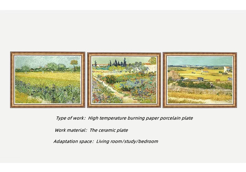 E WECIAL Tranh đĩa sứ Phù điêu Trang trí phòng khách, phòng ăn, phông nền TV Phong cảnh Châu Âu Van Gogh Harvest Ma