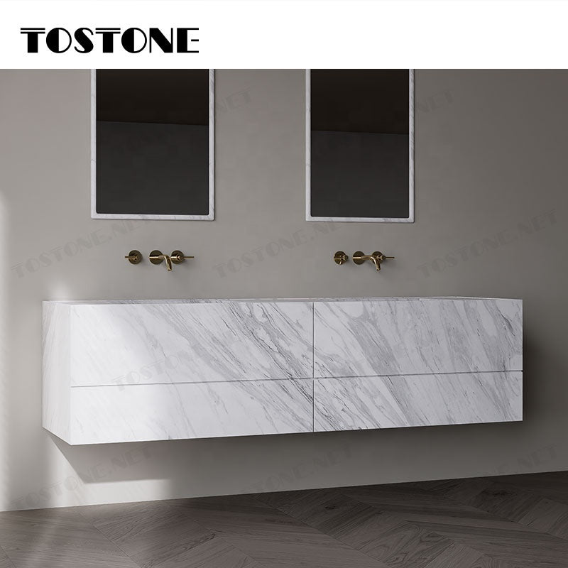 Tostone Tủ lavabo cổ điển, hoàn thiện mờ tự nhiên, đá trắng Volaksas sang trọng
