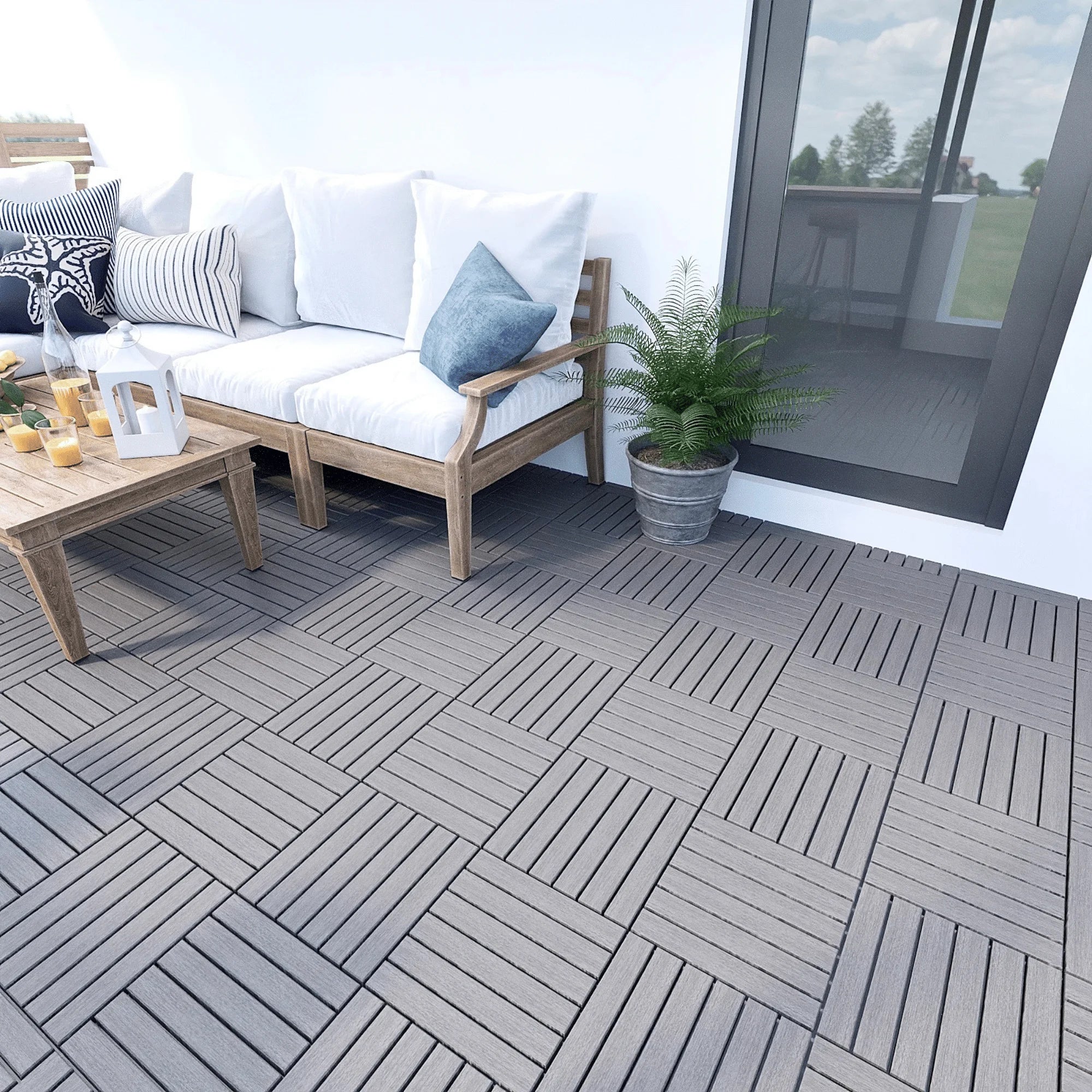 DB 10 PCS Light Gray Acacia Hardwood Interlocking Deck Tiles 12\" X 12\" Striped Pattern for Outdoor Patio Flooring