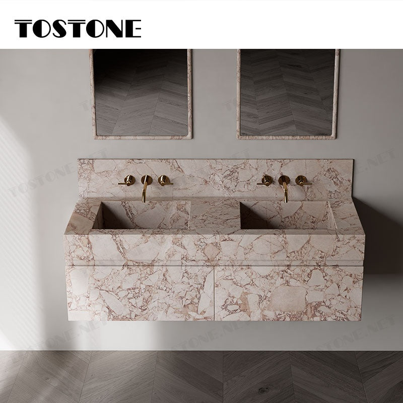 Tostone Mặt bàn trang điểm phòng tắm gắn tường bằng đá cẩm thạch Calacatta Hồng tự nhiên chống thấm nước bền bỉ dành cho phòng vệ sinh nhỏ nội thất tùy chỉnh
