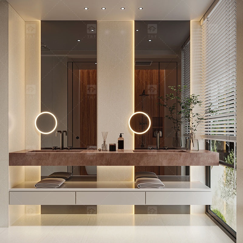 Tủ Lavabo Phòng Tắm Gỗ Treo Tường Tùy Chỉnh Hiện Đại Sang Trọng Kiểu Khách Sạn với Mặt Đá Nung Kết và Gương LED Thông Minh