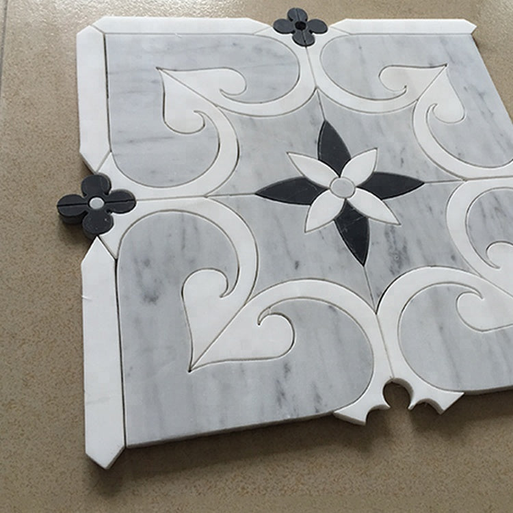 Gạch Mosaic Cắt Tia Nước Họa Tiết Độc Đáo Đá Cẩm Thạch Xám Bóng