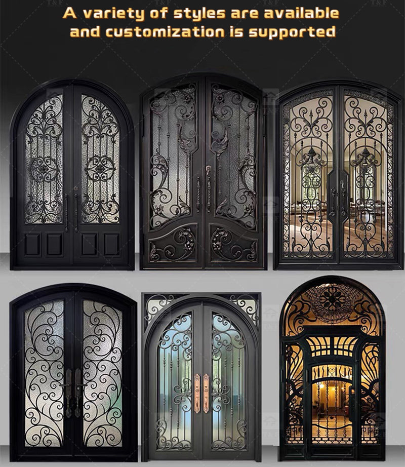 Cửa Chính Hiện Đại Chống Trộm Phong Cách Pháp, Kính Cường Lực Hai Lớp, Hợp Kim Nhôm & Gỗ Màu Đen Dành Cho Biệt Thự