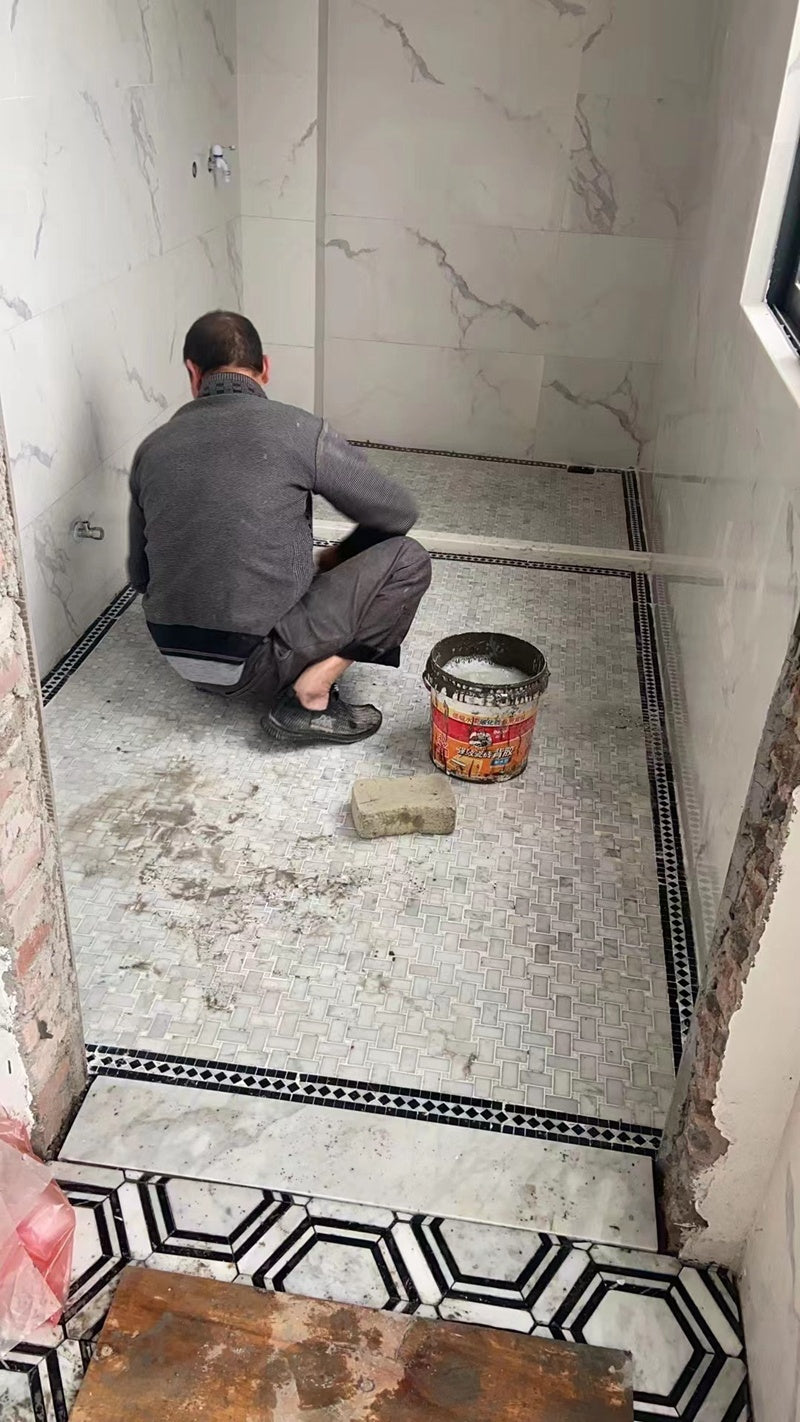 Mosaic Đá Ô Lưới Đen Trắng, Đường Viền Chân Tường, Sàn và Đường Ngang Eo