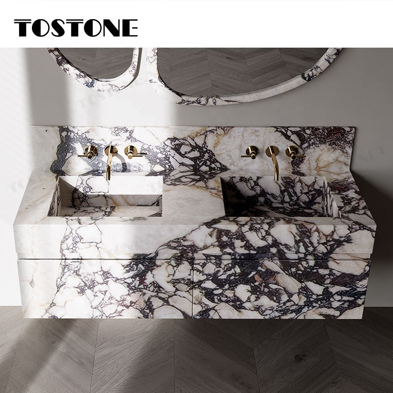 Tostone Mặt bàn lavabo phòng tắm gắn tường bằng cẩm thạch Calacatta Viola tự nhiên sang trọng, nội thất tùy chỉnh dành cho phòng vệ sinh