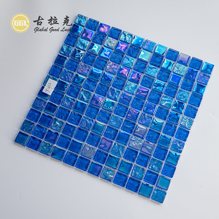 Gạch Mosaic Thủy Tinh Óng Ánh Xanh Dương Bóng Thiết Kế Vuông Dùng Cho Quầy Cà Phê, Tường, Trưng Bày Cửa Hàng Boutique Và Nội Thất