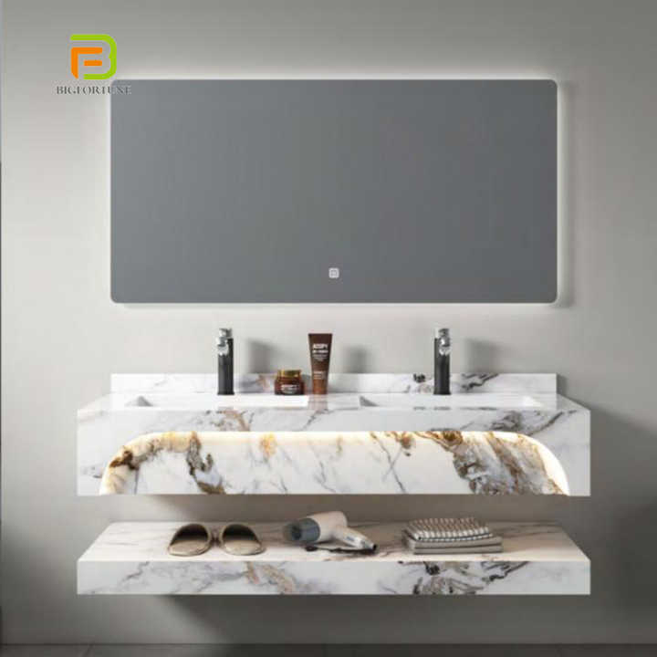 Tủ chậu rửa mặt bằng đá cẩm thạch thiêu kết treo tường thiết kế hiện đại, bồn rửa đôi phòng tắm nổi có gương thông minh