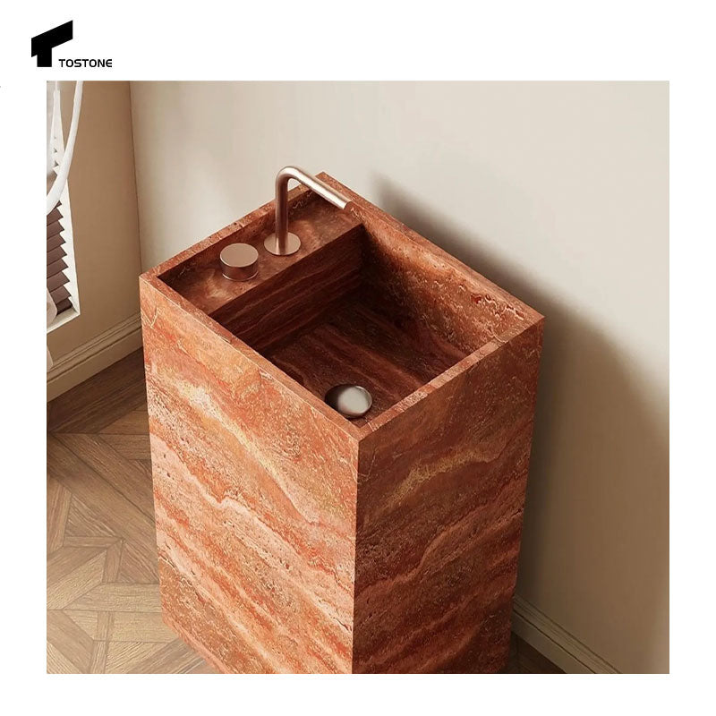 Chậu rửa chân đế đá Travertine đỏ tự nhiên Tostone Tối giản