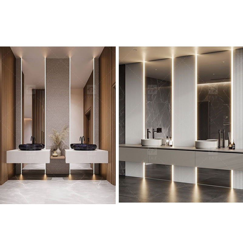 Tủ Lavabo Phòng Tắm Gỗ Treo Tường Tùy Chỉnh Hiện Đại Sang Trọng Kiểu Khách Sạn với Mặt Đá Nung Kết và Gương LED Thông Minh