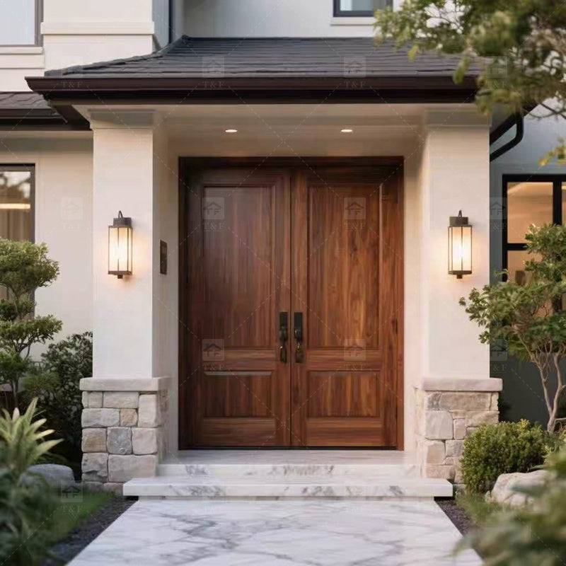 Cửa ra vào chính gỗ cánh đôi thiết kế hiện đại, an ninh ngoài biệt thự, chống thấm nước, bề mặt hoàn thiện.