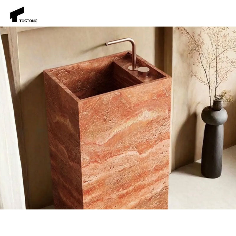 Chậu rửa chân đế đá Travertine đỏ tự nhiên Tostone Tối giản