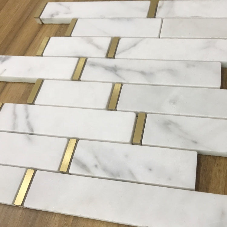 Gạch Mosaic Đá Cẩm Thạch Trắng Carrara Phối Đồng Thau Hình Gạch Ốp Tường Nội Thất