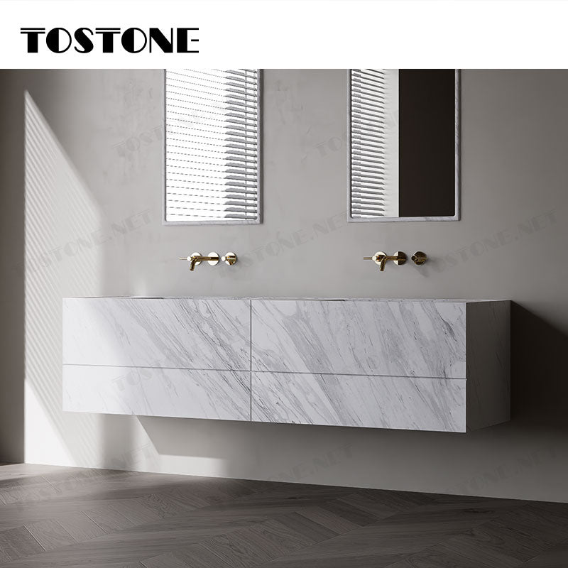 Tostone Bàn lavabo phòng tắm sang trọng, trắng Volakas tự nhiên mài mờ, cổ điển