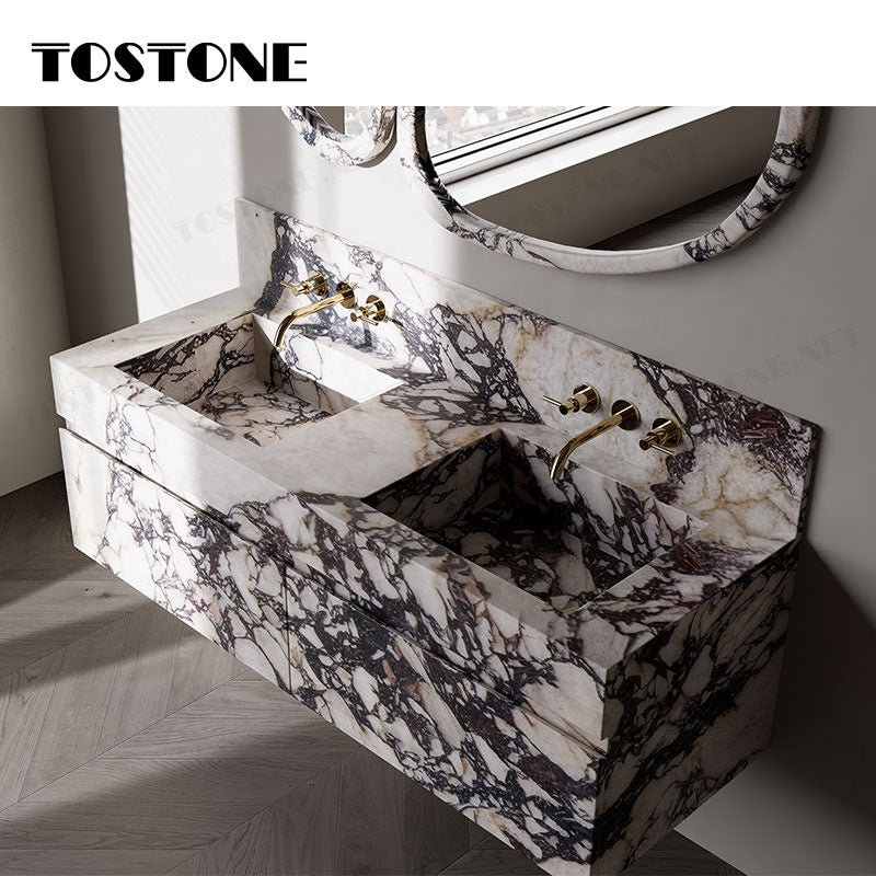 Tostone Mặt bàn lavabo phòng tắm gắn tường bằng đá hoa cương Calacatta Viola tự nhiên chống thấm nước bền bỉ, dùng cho nội thất tùy chỉnh phòng vệ sinh nhỏ