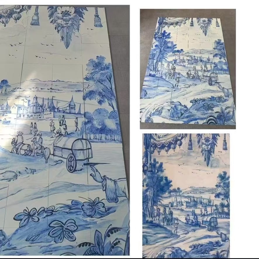 Gạch Bồ Đào Nha vẽ tay xanh-trắng phong cách Retro tùy chỉnh, thiết kế hiện đại, làm thủ công